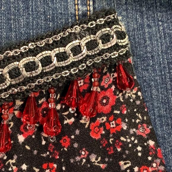 Denim Jacket Red & Black Floral w/Beaded Chain Trim Boho Banana Republic Large - Picture 13 of 14